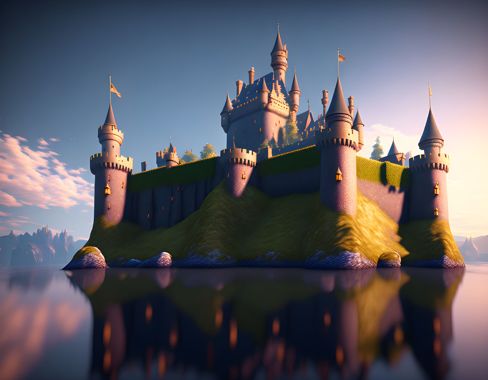 Majestic castle with multiple spires on lush green hill at twilight