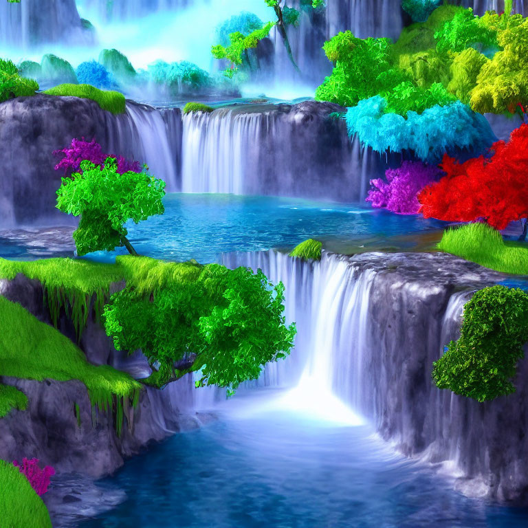 Colorful Fantasy Waterfall Scene with Vibrant Foliage