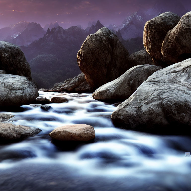 Tranquil stream amidst rocky terrain and misty mountains at twilight