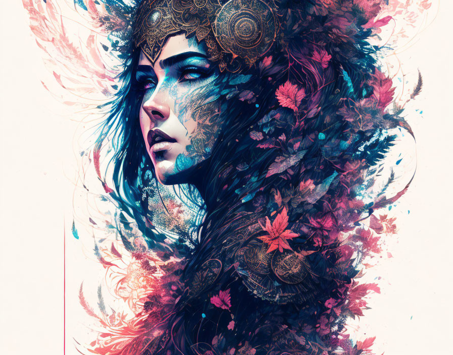 Colorful artwork featuring a woman with blue skin and ornate headgear surrounded by feathers and floral patterns