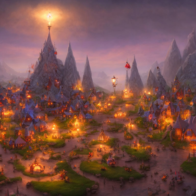 Fantasy village at dusk with illuminated houses and lanterns, nestled among misty mountains under a moon
