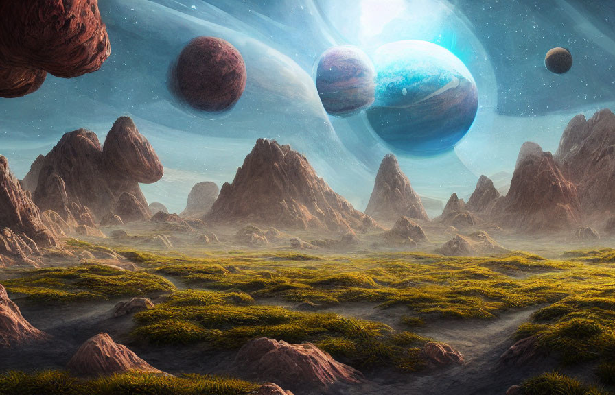 Moss-Covered Rocky Terrain with Large Planets in Sky