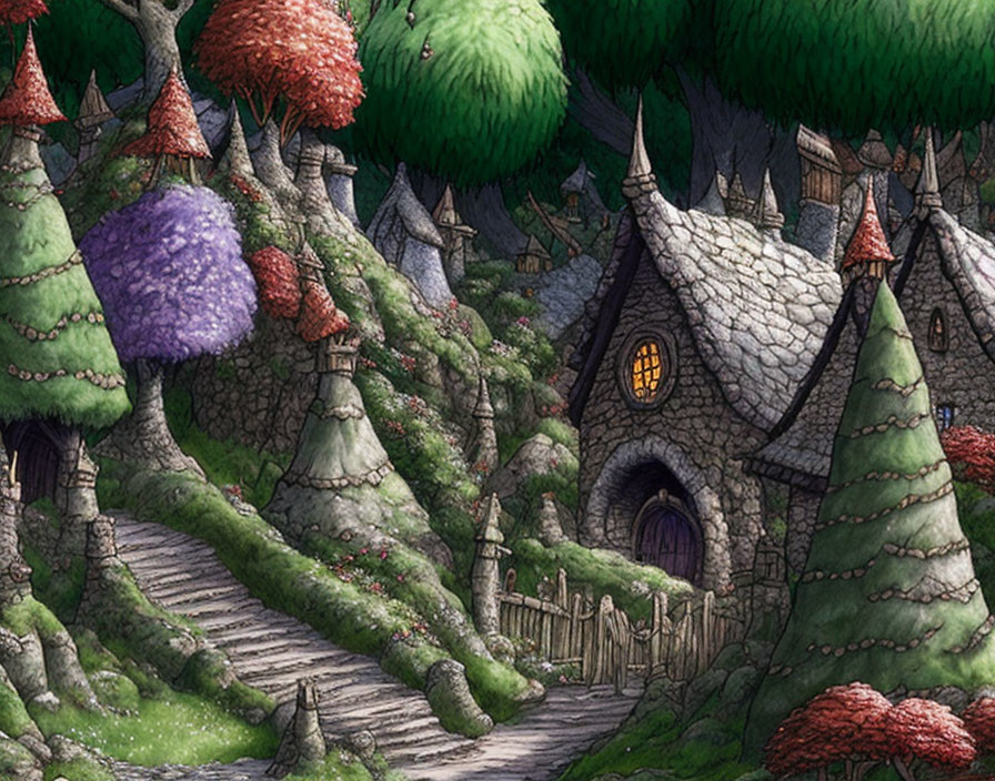 Whimsical drawing of cobblestone path to stone cottage among fantastical trees