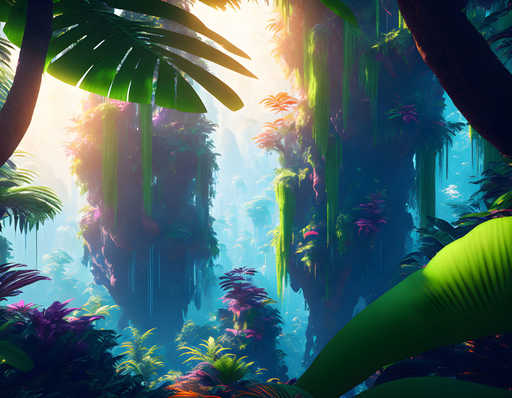 Vibrant jungle scene with towering trees and sunlight filtering through canopy