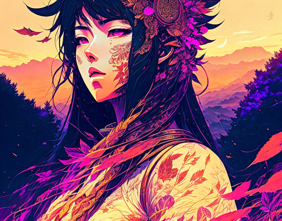 Illustrated portrait of woman with tattoos and elaborate hairstyles against vibrant sunset sky.