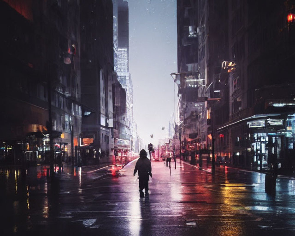 Person crossing wet urban street at night under glowing city lights