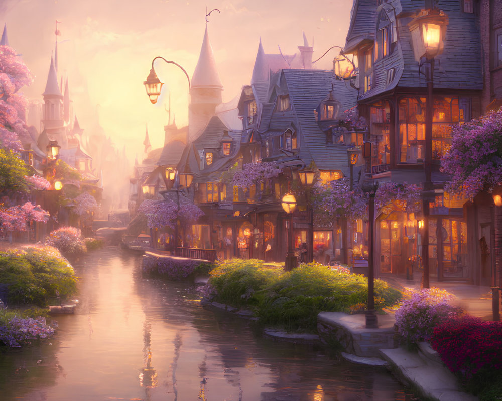 Enchanting fairytale village at twilight with glowing lanterns