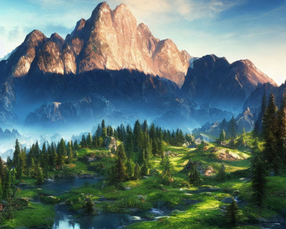 Sunlit Peaks of Majestic Mountain Range with Verdant Valleys, Serene Rivers, and L