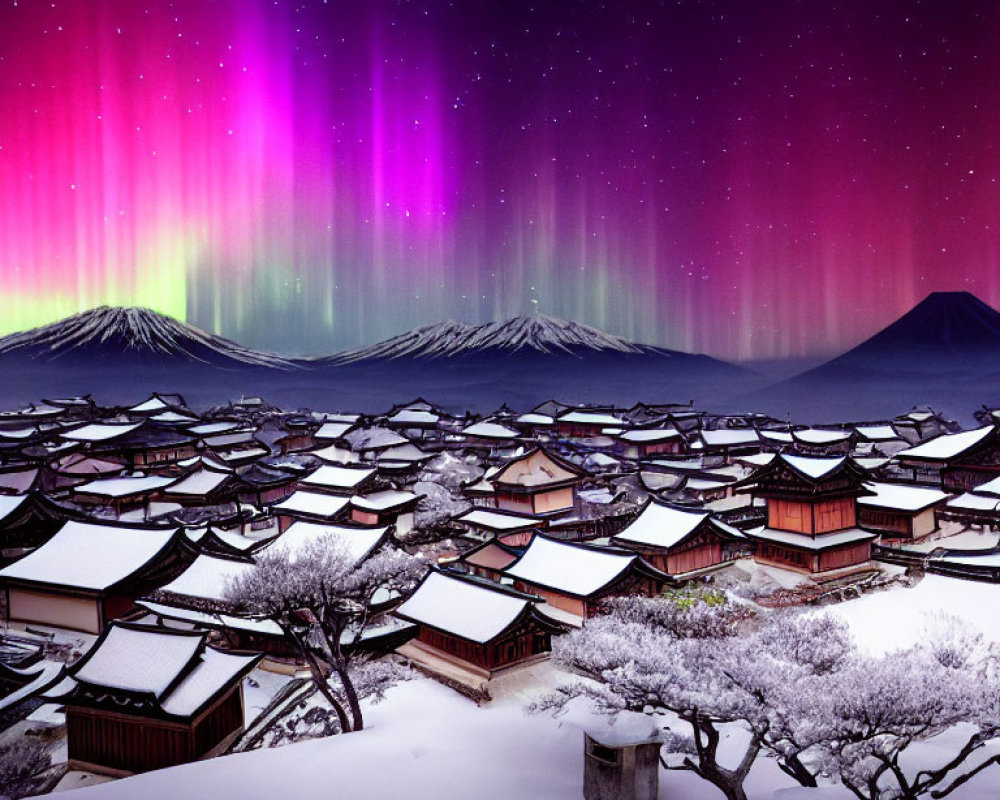 Night sky with vibrant aurora over snow-covered village and Mount Fuji.