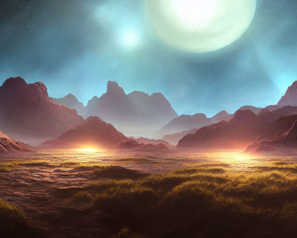 Alien landscape featuring rocky mountains, grassy plains, starry sky, and large moon