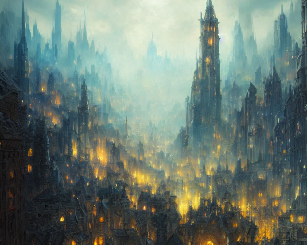 Mysterious Fantasy Cityscape with Illuminated Buildings at Twilight