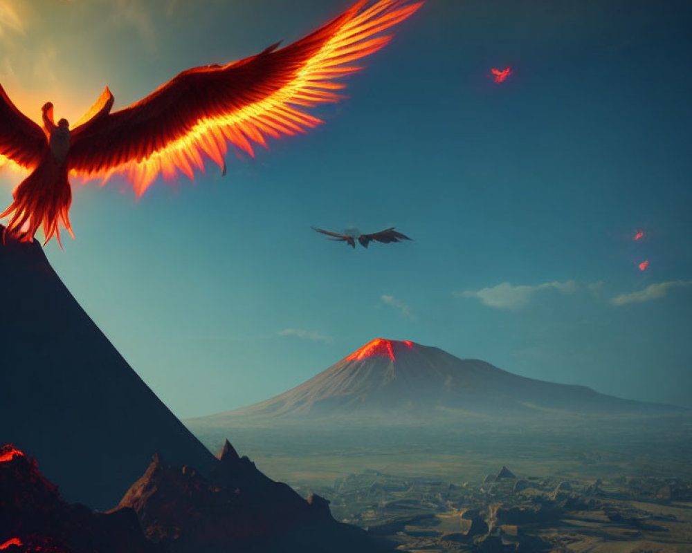 Fiery-winged creature flying over volcanic landscape with village below