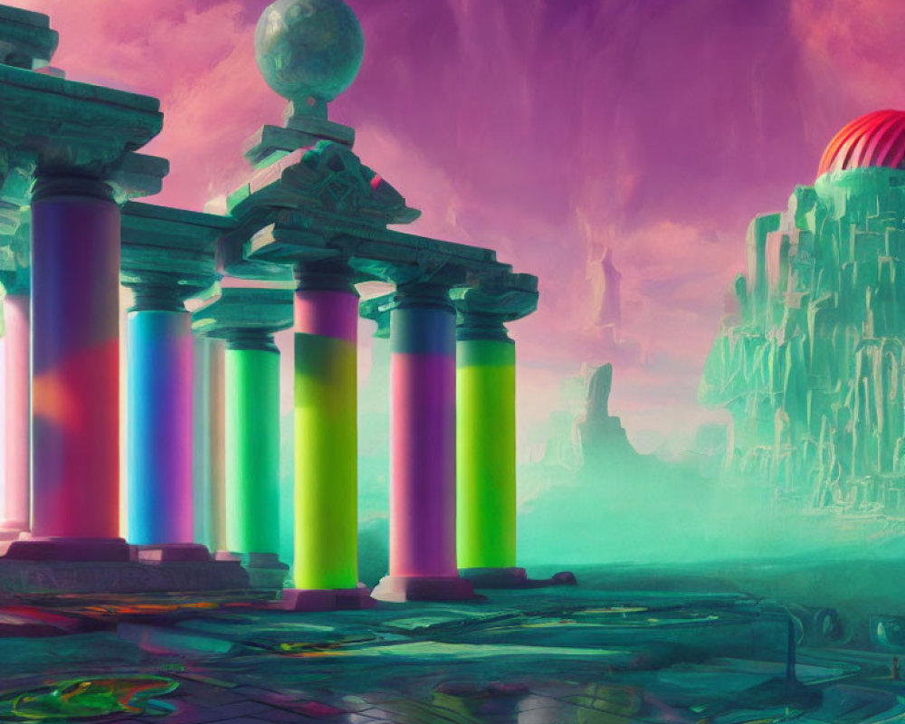 Neon-colored pillars in vibrant fantasy landscape