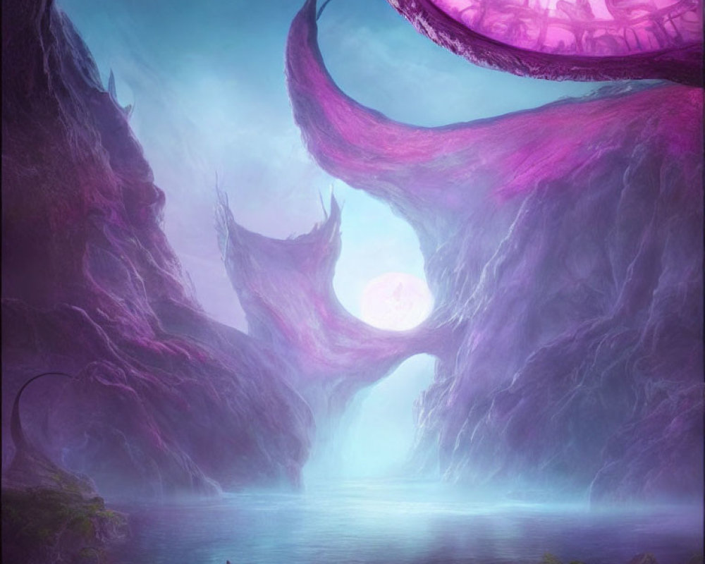 Mysterious figures by luminous lake and purple rock formations