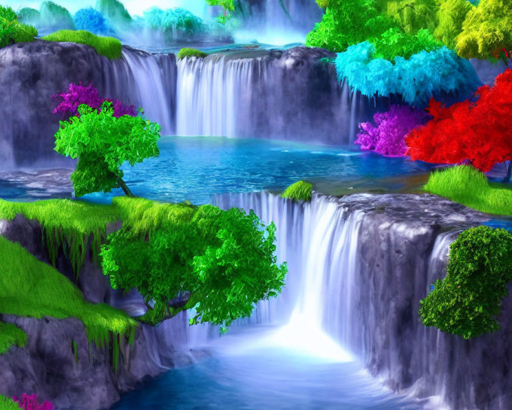 Colorful Fantasy Waterfall Scene with Vibrant Foliage