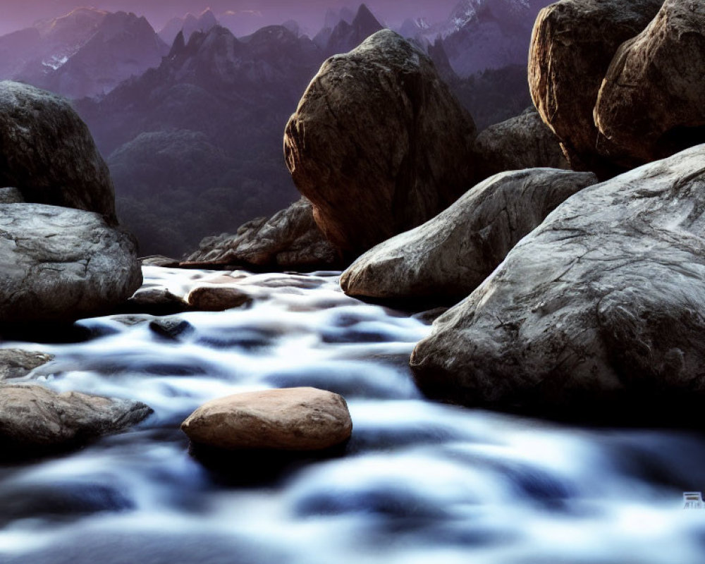 Tranquil stream amidst rocky terrain and misty mountains at twilight