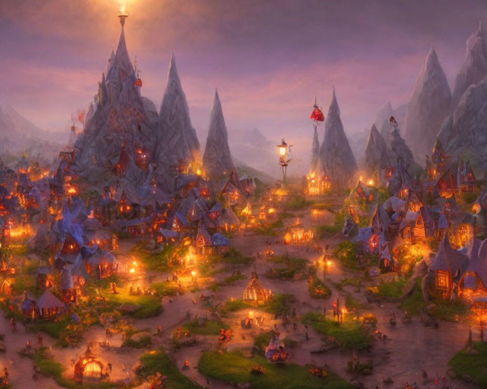 Fantasy village at dusk with illuminated houses and lanterns, nestled among misty mountains under a moon