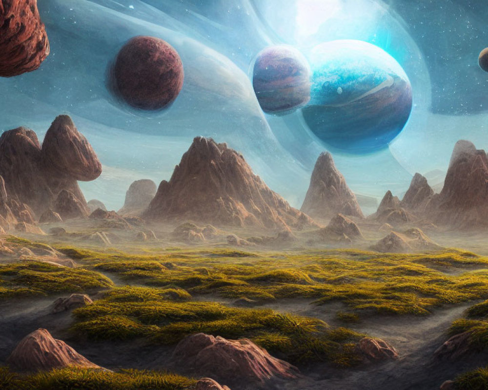 Moss-Covered Rocky Terrain with Large Planets in Sky