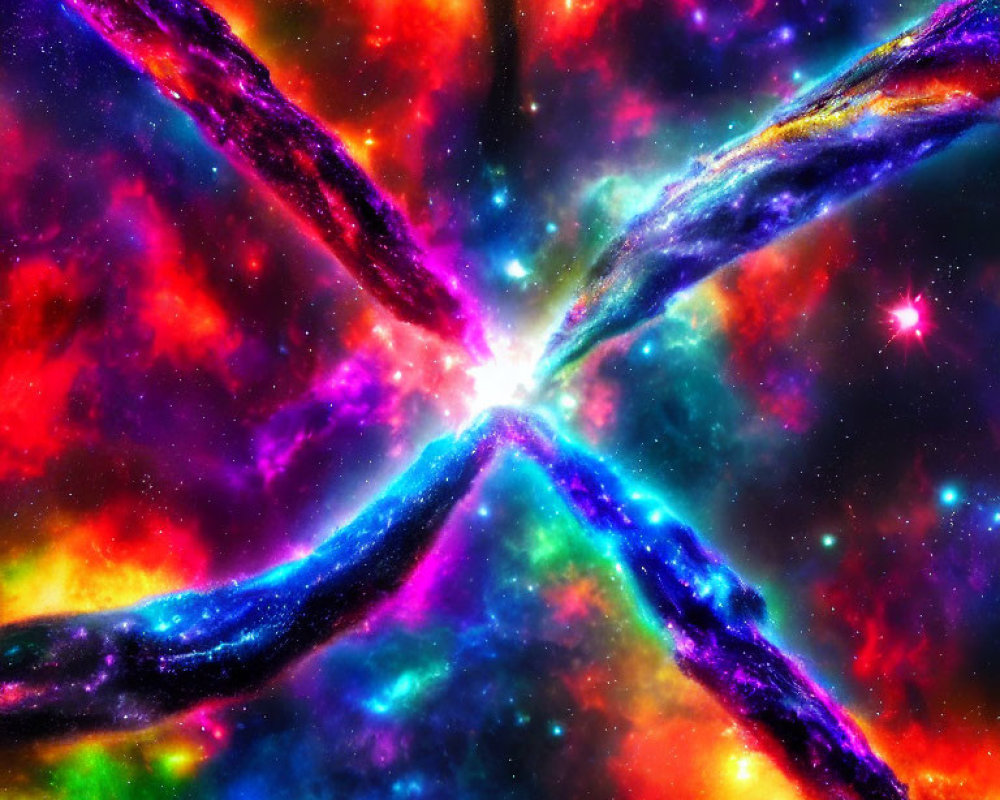 Colorful starburst cosmic scene with multicolored nebulous arms in space.