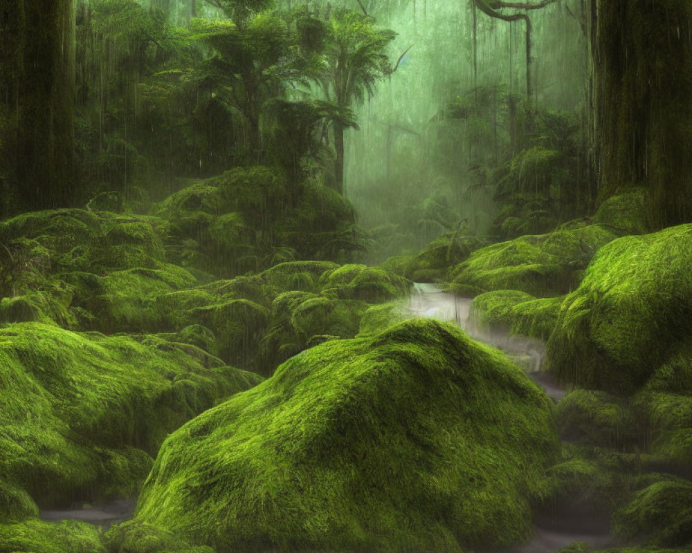 Misty forest with moss-covered ground, stream, and mystical vibe