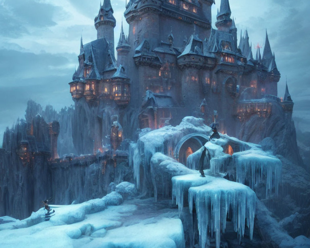 Frozen castle on rocky cliffs with snow and icicles under soft glow.