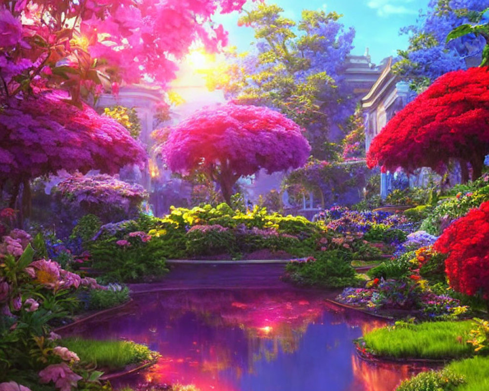 Lush Flower Garden with Serene Pond at Sunset