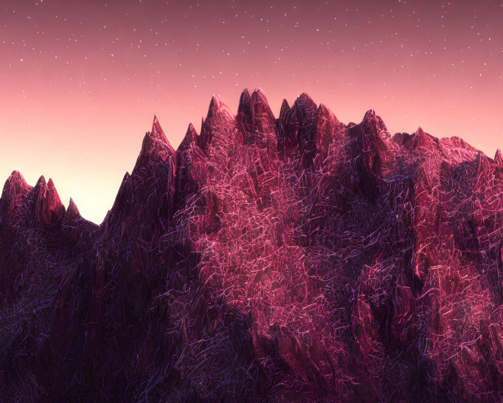 Surreal digital illustration of dark purple mountain range under starry sky