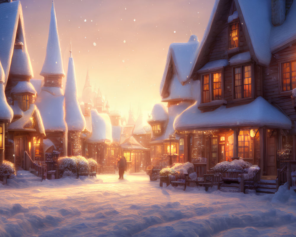 Snow-covered village at dusk with warmly lit homes, person walking, and falling snowflakes