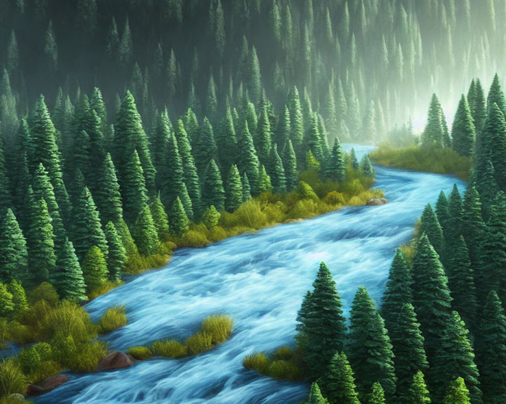 Tranquil river in dense conifer forest with sunlight filtering through mist