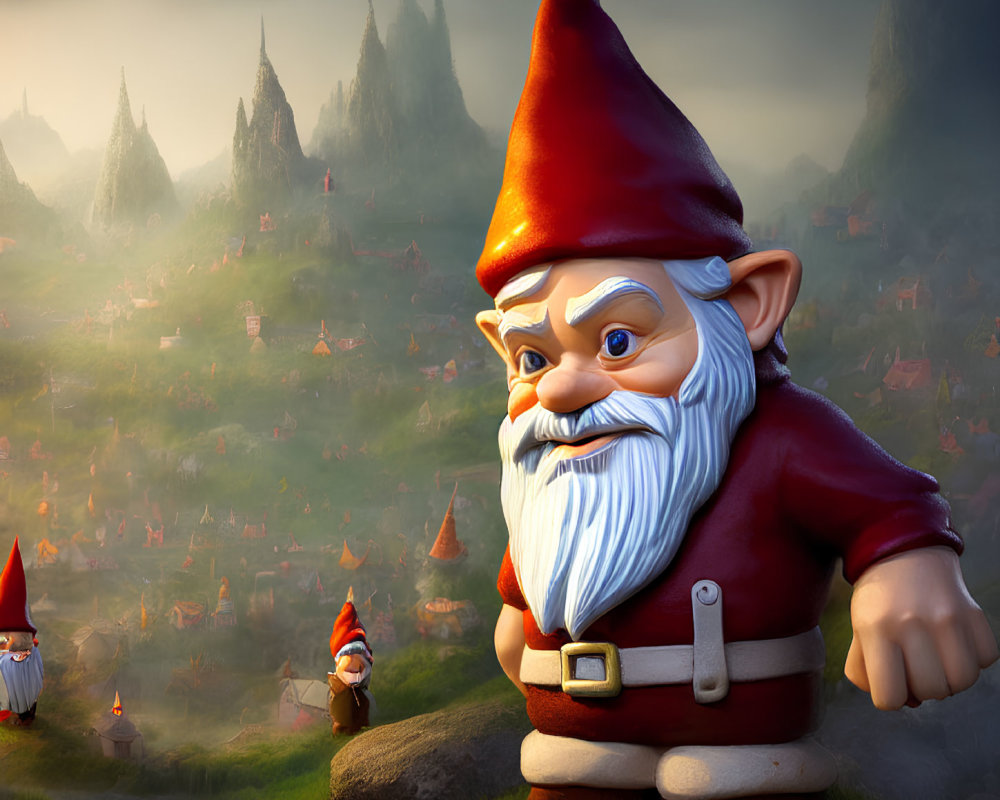 Large Gnome with Red Hat in Mystical Landscape with Tiny Gnome Hats