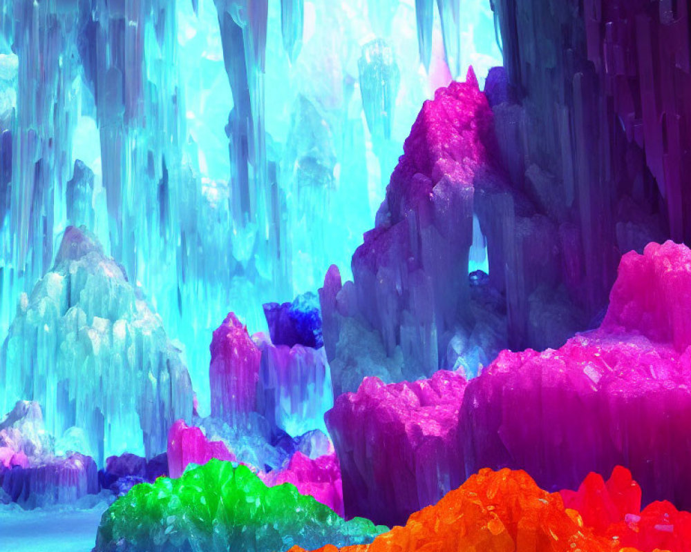 Fantasy ice cave digital artwork with colorful crystal formations