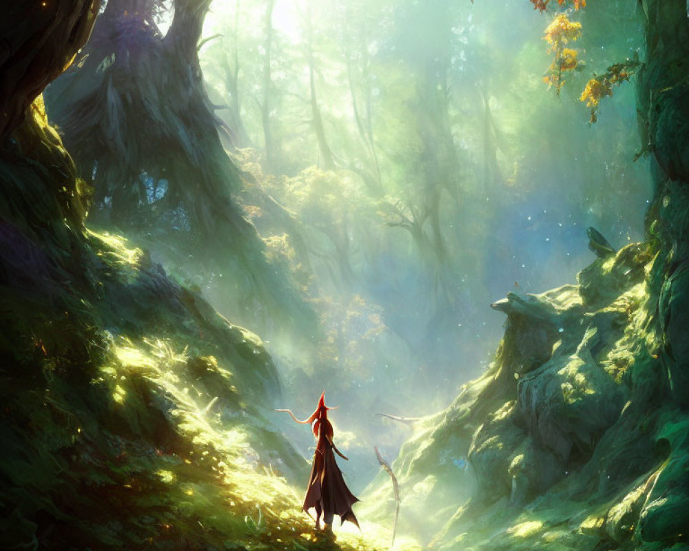 Cloaked figure in mystical forest under sunlight with grand trees and lush greenery