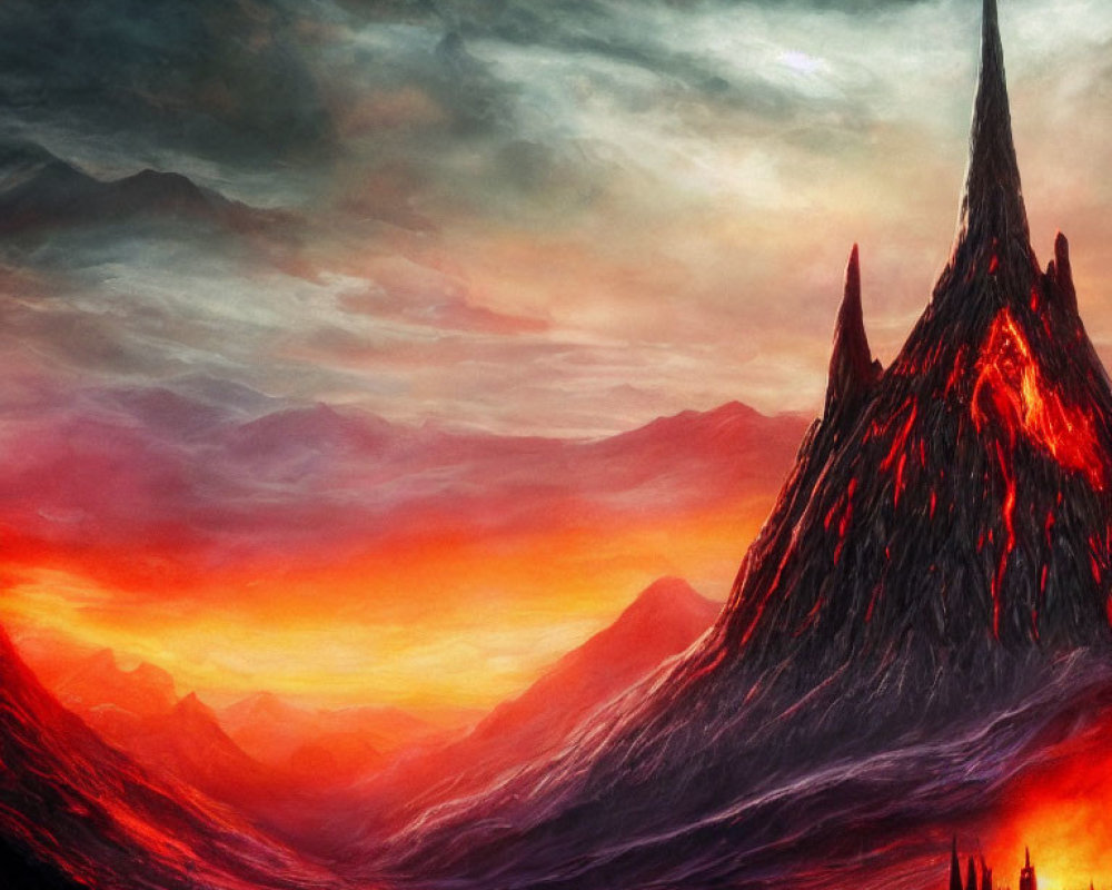 Fiery landscape with towering mountain, castle, and lava flows