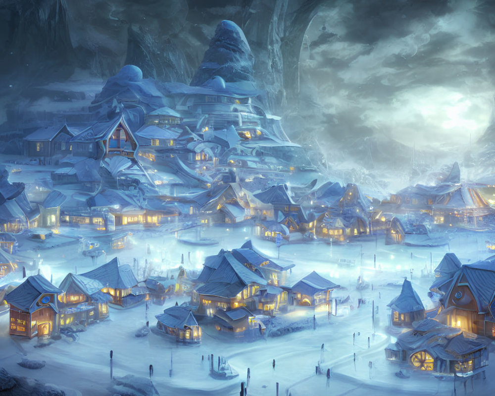 Snow-covered fantasy village nestled under mountain with glowing windows under starry night sky