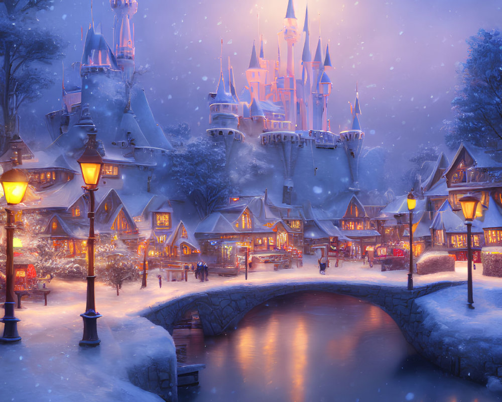 Snow-covered village with glowing street lamps and grand castle in twilight