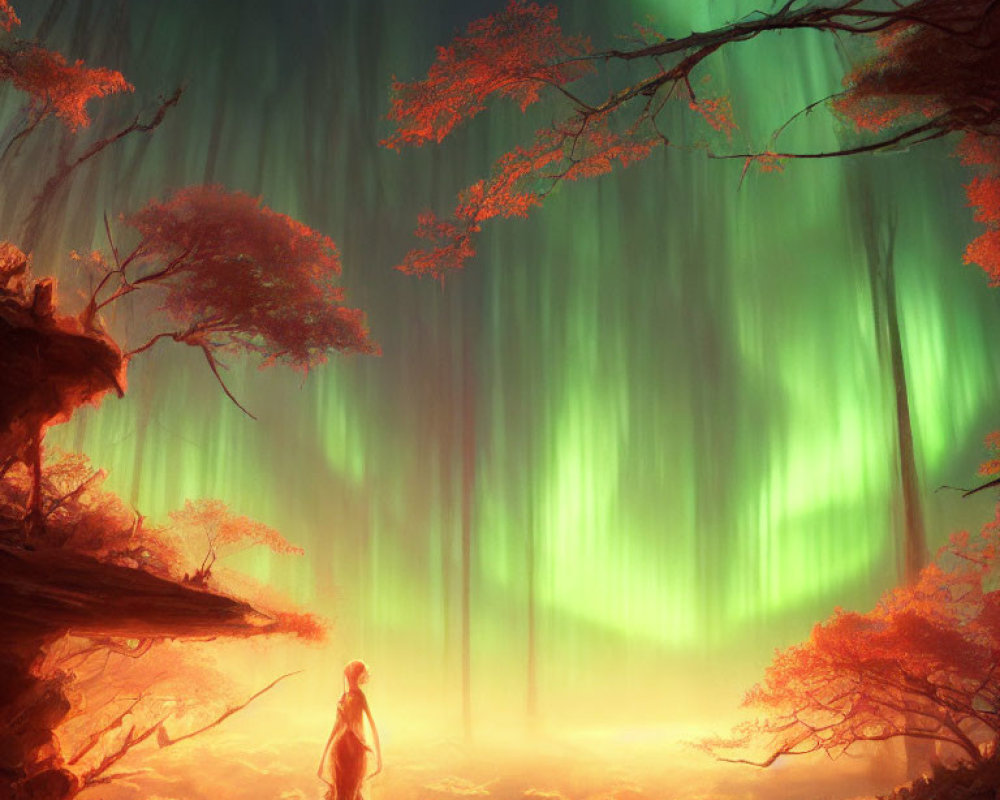 Enchanting green aurora forest with red trees and figure