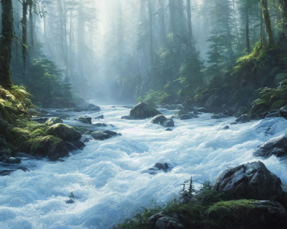 Tranquil forest landscape with misty atmosphere and rocky stream