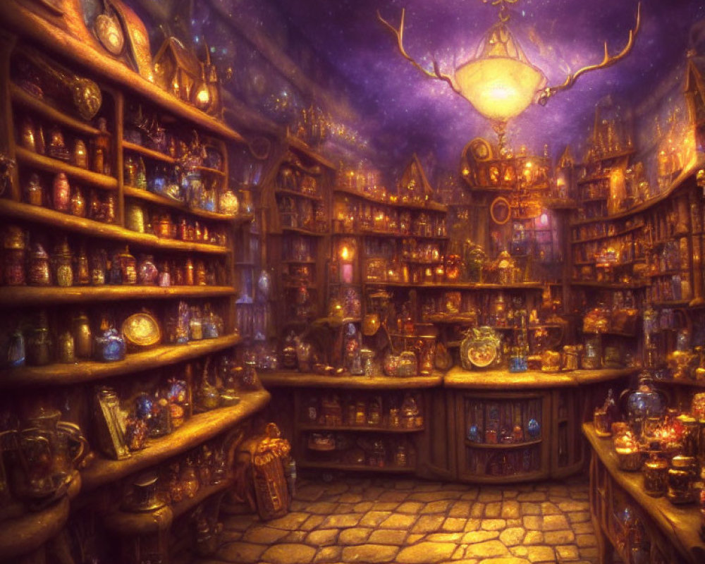 Dimly-lit magical shop with potions, artifacts, and starry ceiling