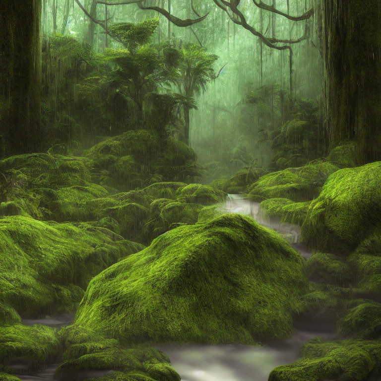 Misty forest with moss-covered ground, stream, and mystical vibe