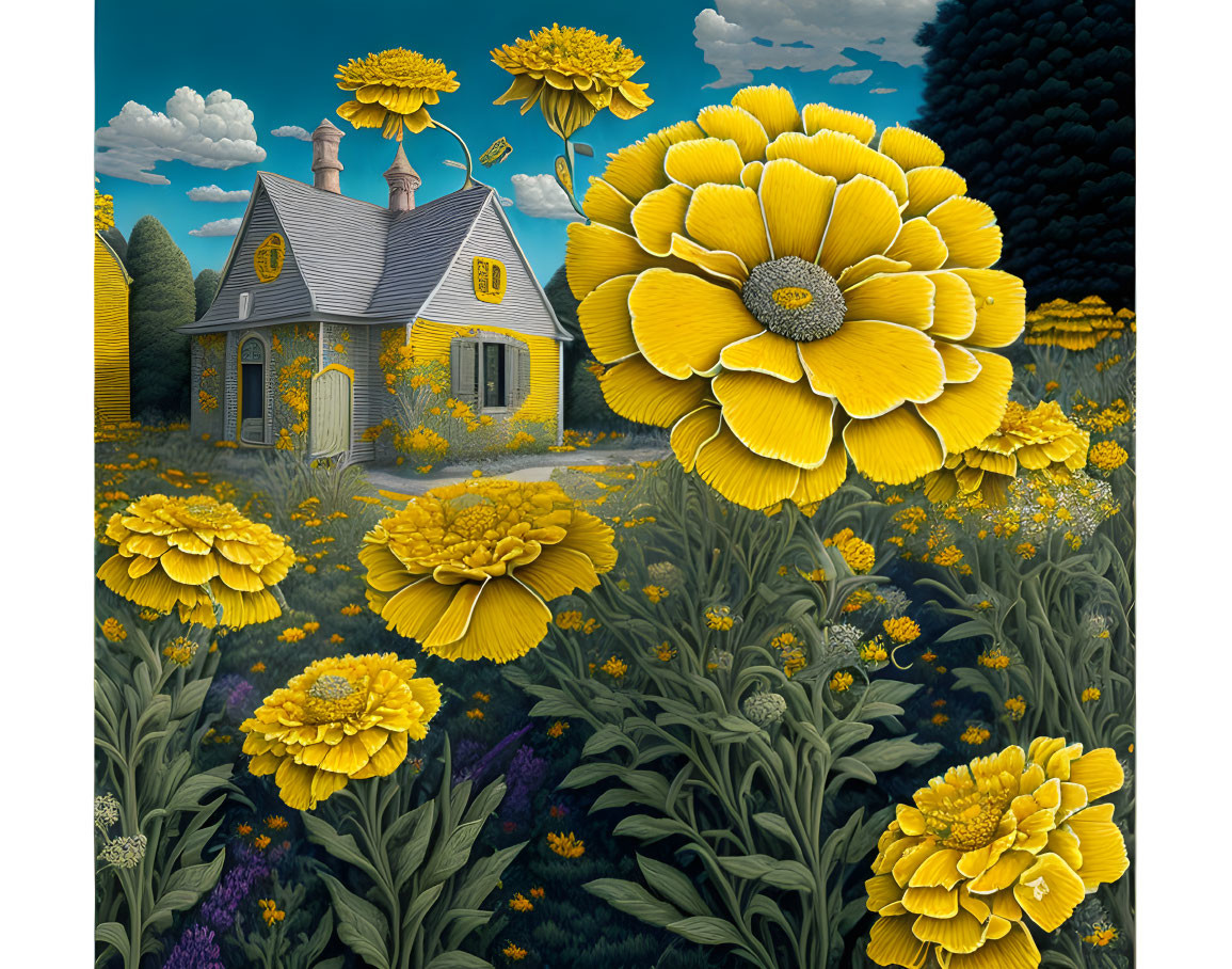 Idyllic Cottage with Yellow Trim Surrounded by Oversized Flowers