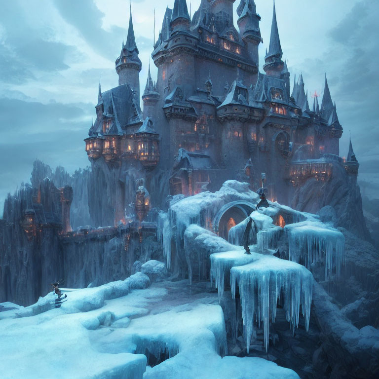 Frozen castle on rocky cliffs with snow and icicles under soft glow.