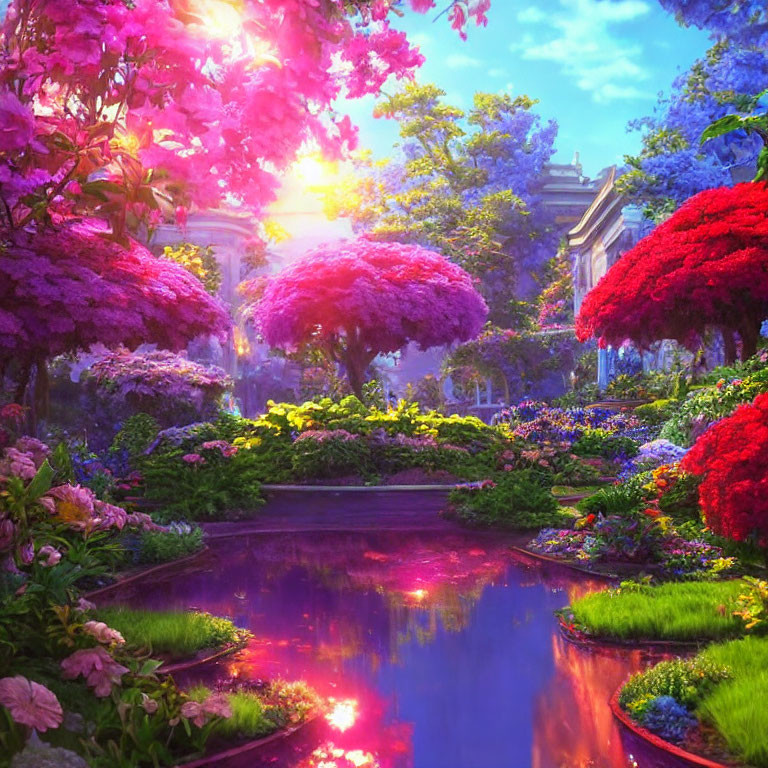 Lush Flower Garden with Serene Pond at Sunset