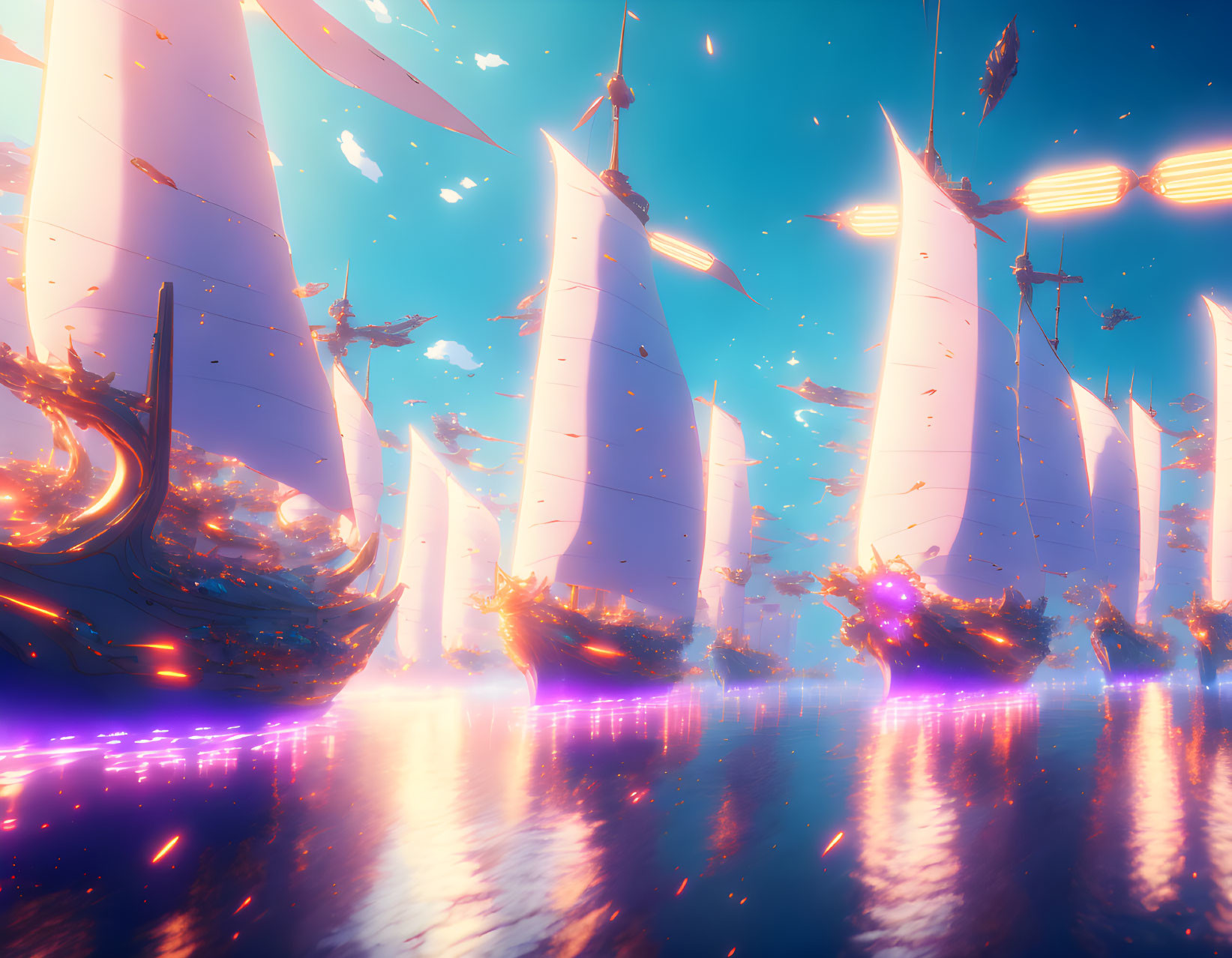 Vibrant surreal landscape: futuristic sailboats, pink water, soft light.