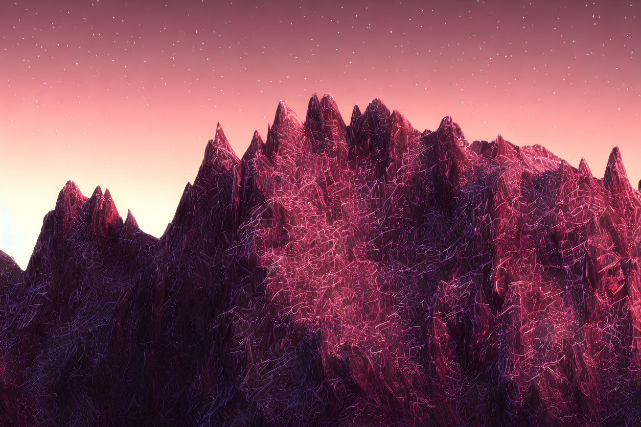 Surreal digital illustration of dark purple mountain range under starry sky