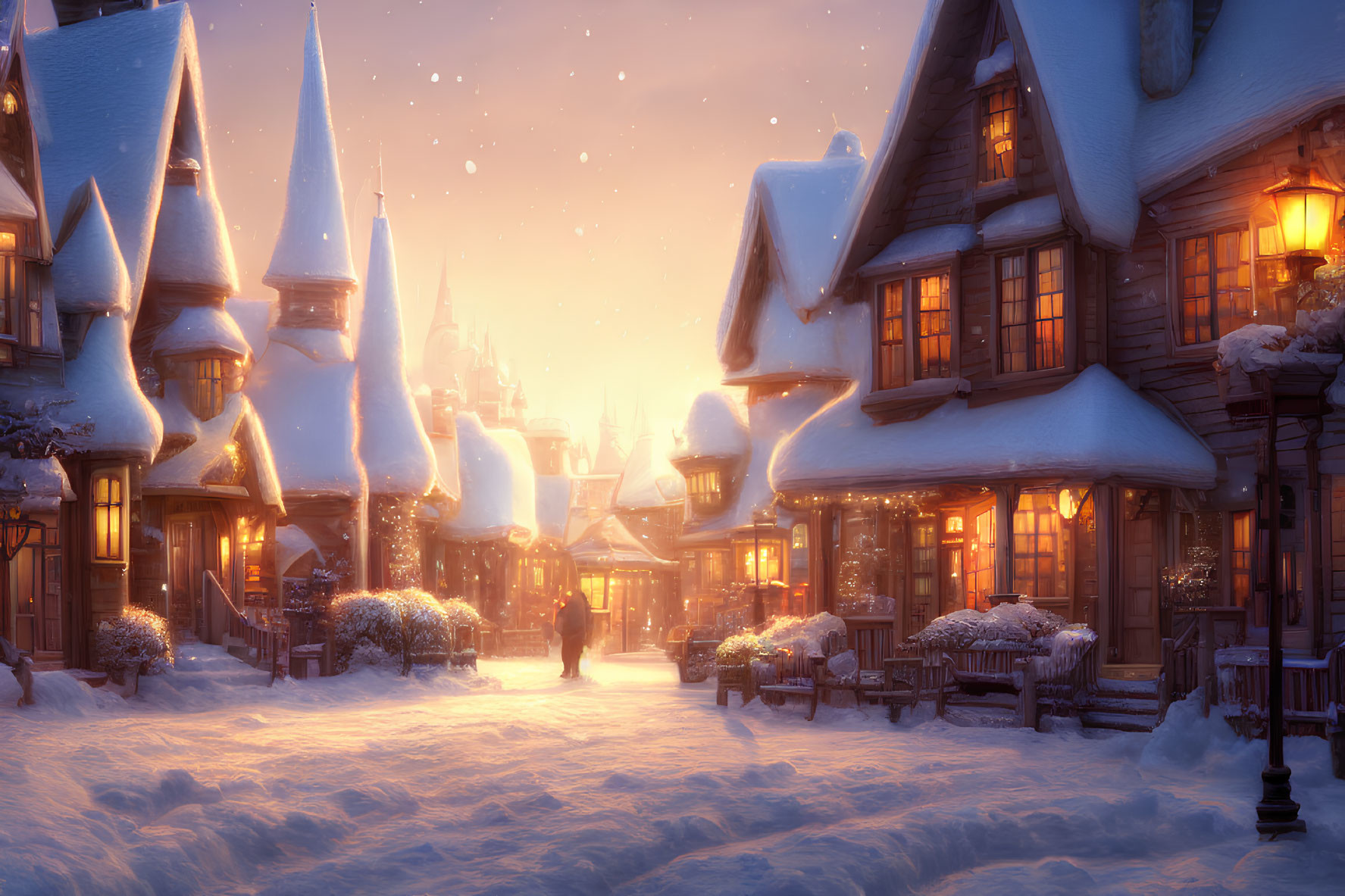 Snow-covered village at dusk with warmly lit homes, person walking, and falling snowflakes