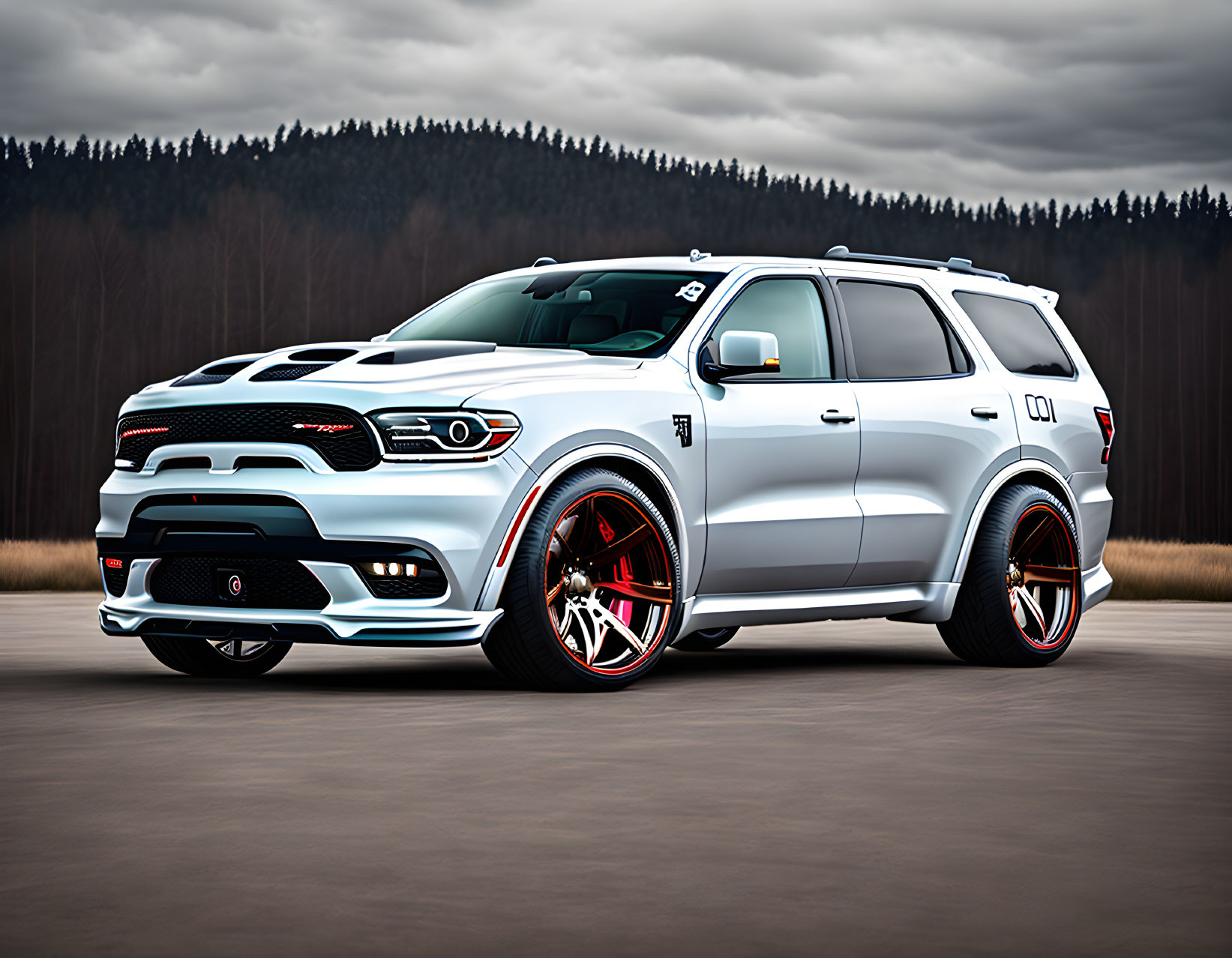 White Performance SUV with Black Accents and Red Brake Calipers in Forest Setting