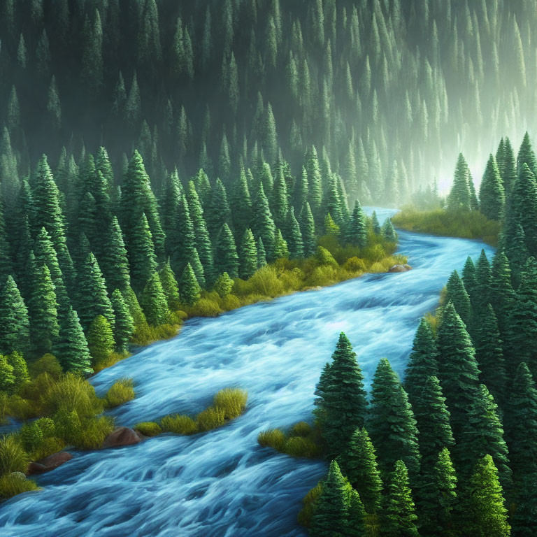 Tranquil river in dense conifer forest with sunlight filtering through mist