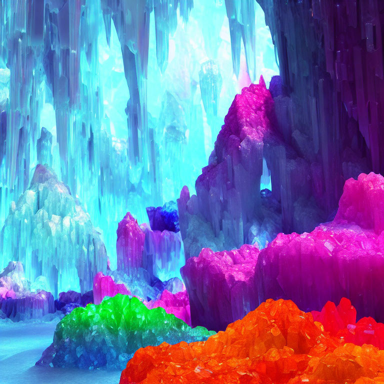 Fantasy ice cave digital artwork with colorful crystal formations