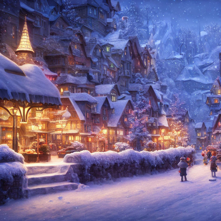 Snowy Village Twilight Scene with Cobblestone Path & Winter Figures