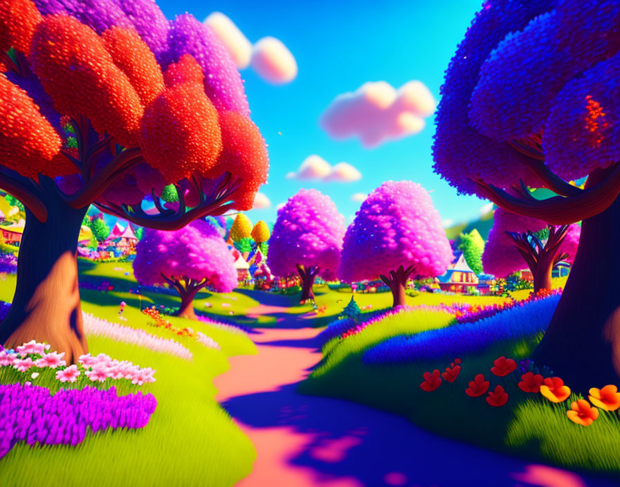 Colorful Cartoon Landscape with Trees, Flowers, and Winding Path